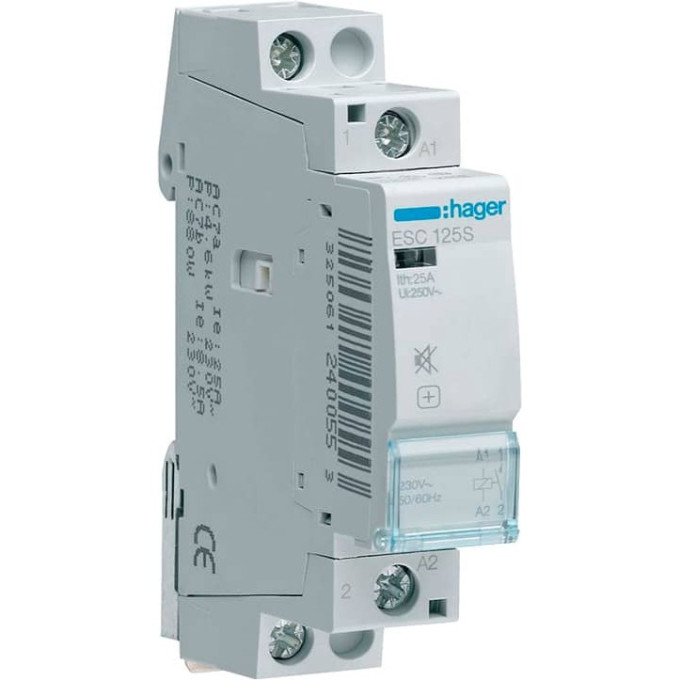 Контактор модульный HAGER ESC125S 1н.о., AC1/AC7a 25A, Uупр.=230В 50/60Гц, ширина 1М